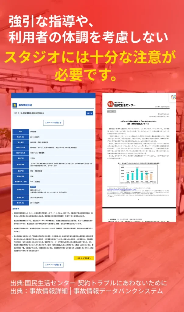 弊メディアが作成したマシンとマットピラティススタジオでの怪我やトラブルにまつわる独自クリエイティブ画像
